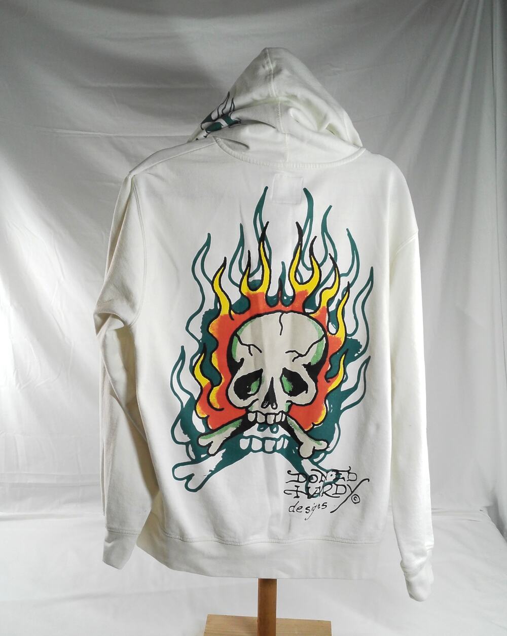 Don Ed Hardy Designs White Full Zip Hoodie Skull Flame Graphic Tattoo Art Size L